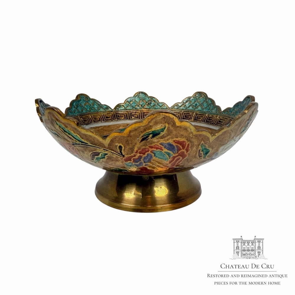 Colorful Cloisonné enamel bowl Scalloped With Floral & Greek Key Design